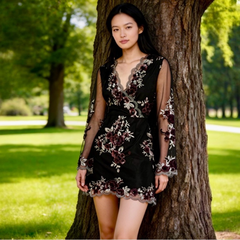 Cupcakes and Cashmere Jansen Floral Sequin Embroidered Mesh Mini Dress Size 6